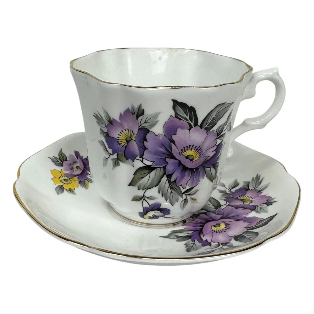 VTG Royal Grafton Tea Cup Saucer Purple Floral Scalloped Bone China England Gold